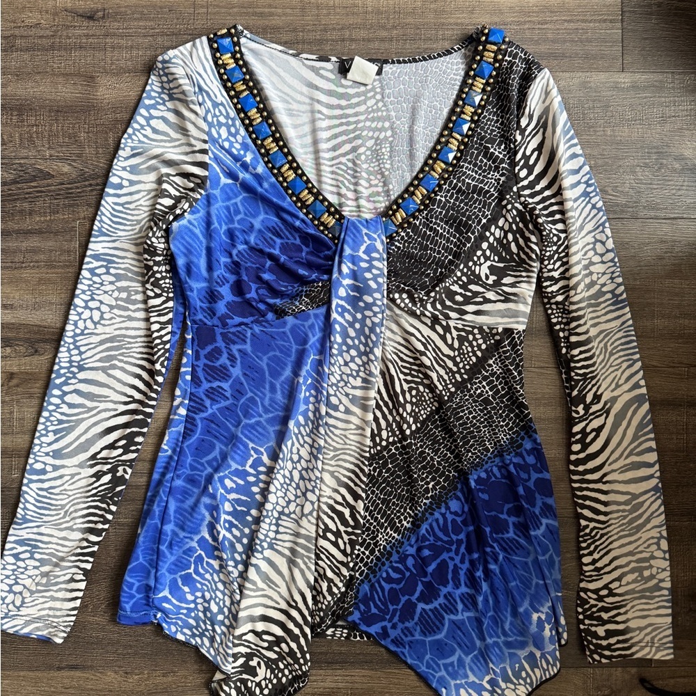 VENUS Blue and Black Animal Print Long Sleeve Top